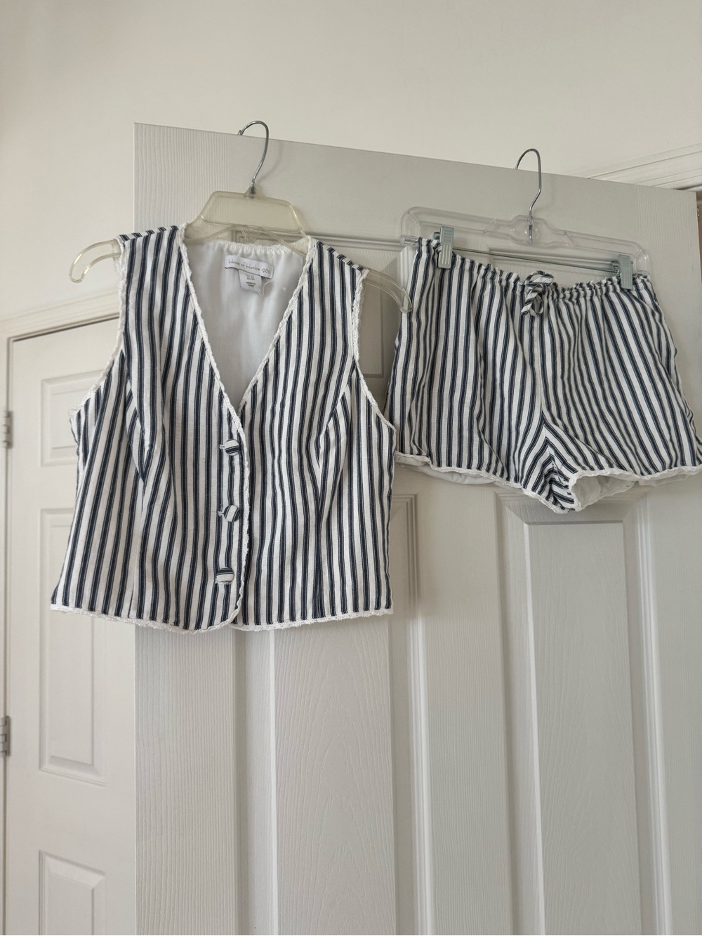 Linen blend set - Striped Navy & White Cotton Set - Vest and bloomer Shorts